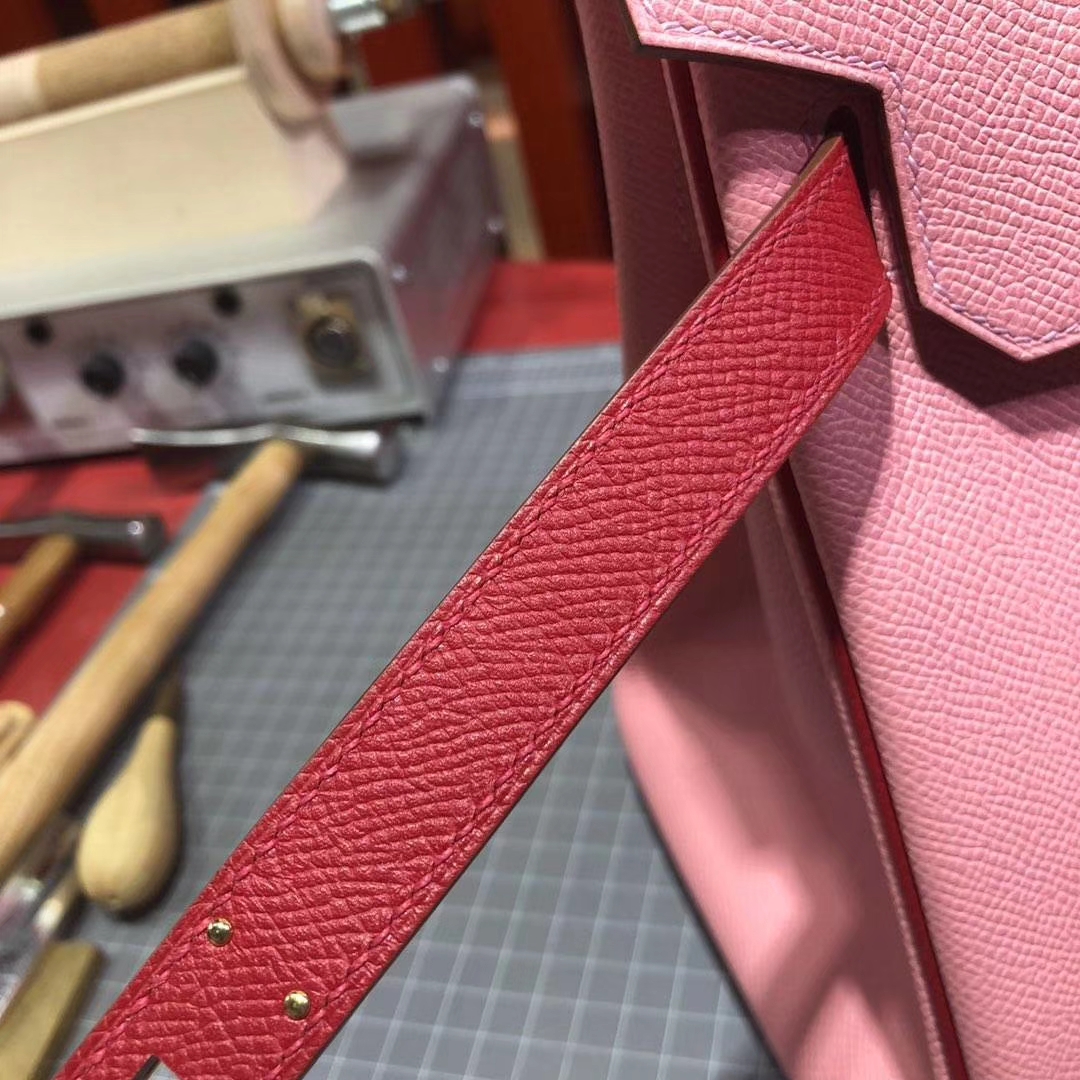 爱马仕拼色铂金包 Hermes Birkin30CM 奶昔粉拼中国红原厂手掌纹牛皮 金扣