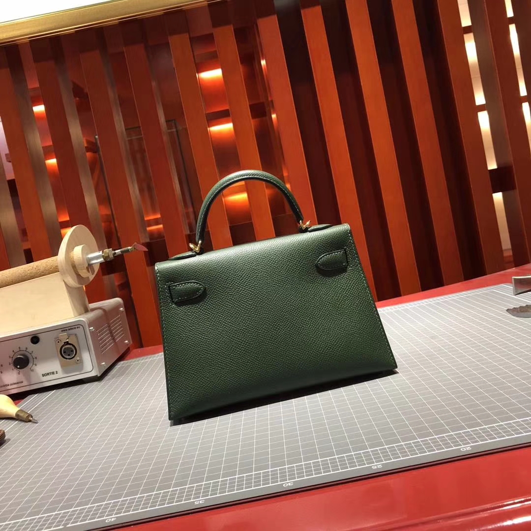爱马仕迷你凯莉包2代 Hermes Minikelly 2Q英国绿原厂Epsom牛皮手包 金扣