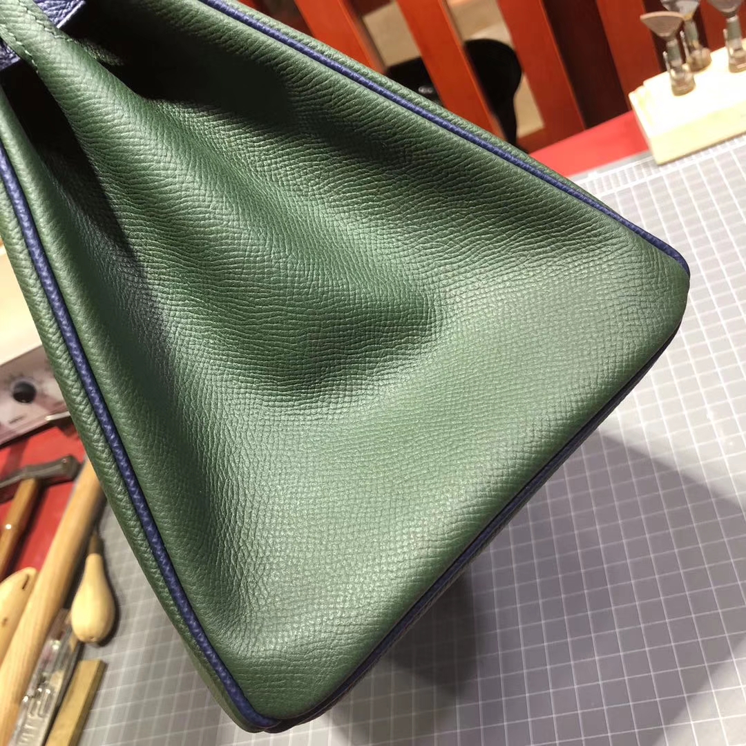 Hermes Birkin30CM 爱马仕英国绿拼宝石蓝十字纹牛皮铂金包 金扣