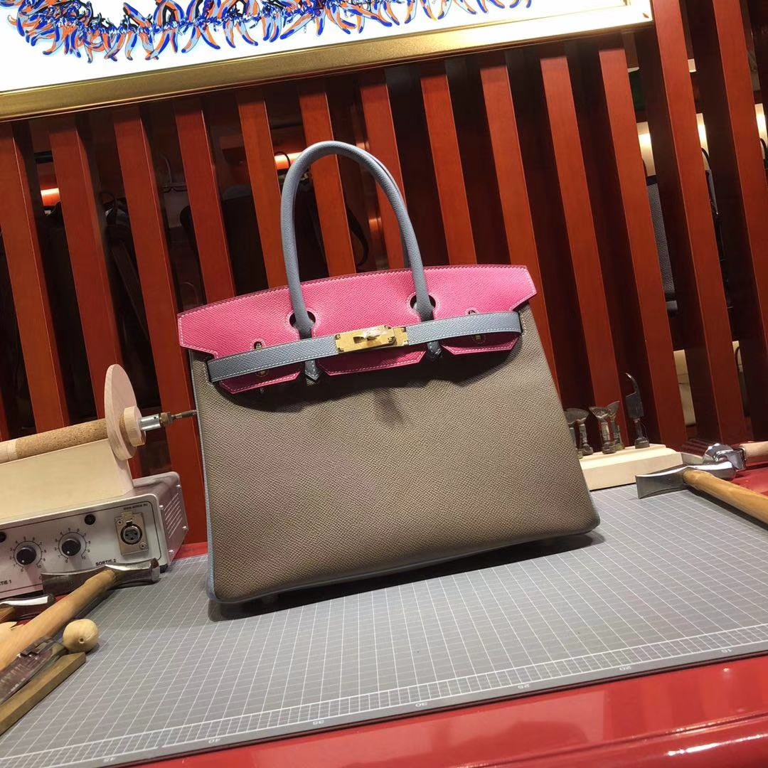 爱马仕铂金包价格 Hermes大象灰拼亚麻蓝拼玫红Epsom牛皮Birkin30CM 金扣
