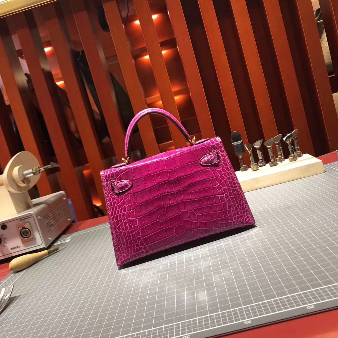 Hermes Minikelly2代 爱马仕J5天方夜谭粉紫亮光鳄鱼皮迷你凯莉包2代手包
