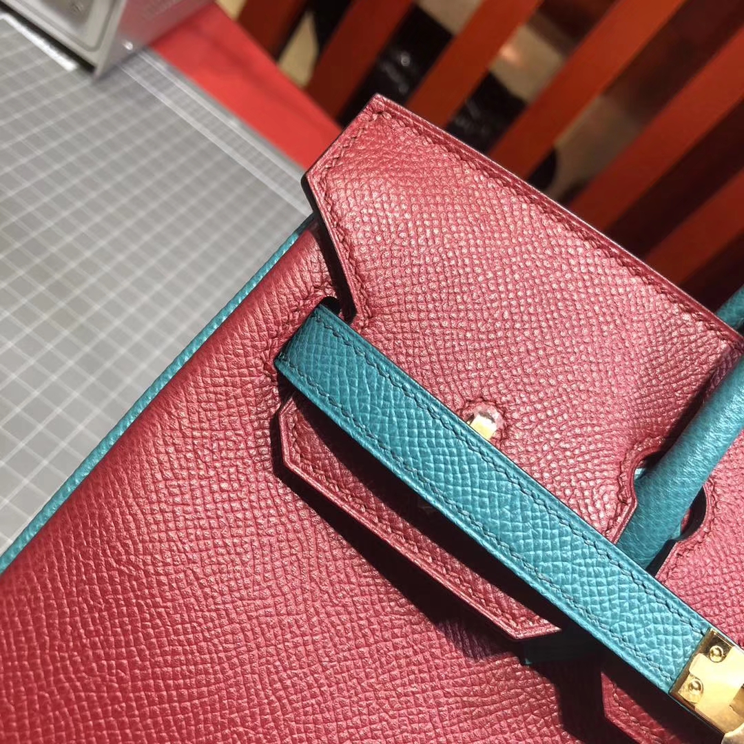 爱马仕铂金包尺寸 Hermes Birkin25CM 中国红拼孔雀蓝十字纹牛皮 金扣
