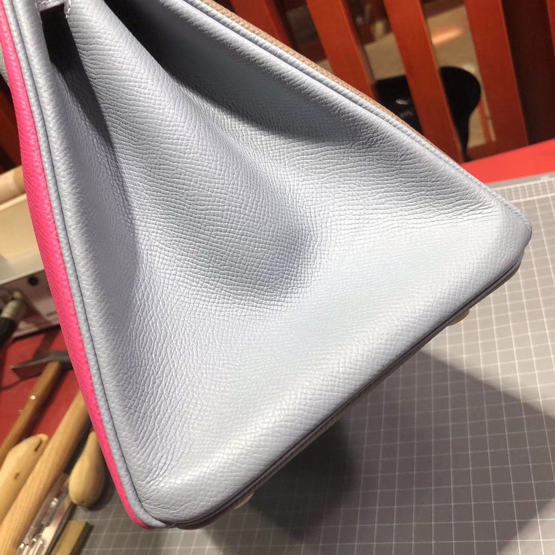 爱马仕铂金包价格 Hermes大象灰拼亚麻蓝拼玫红Epsom牛皮Birkin30CM 金扣