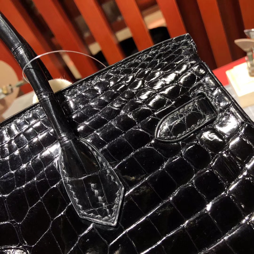 爱马仕铂金包尺寸 Hermes Birkin25CM CK89黑色亮面鳄鱼皮 金扣