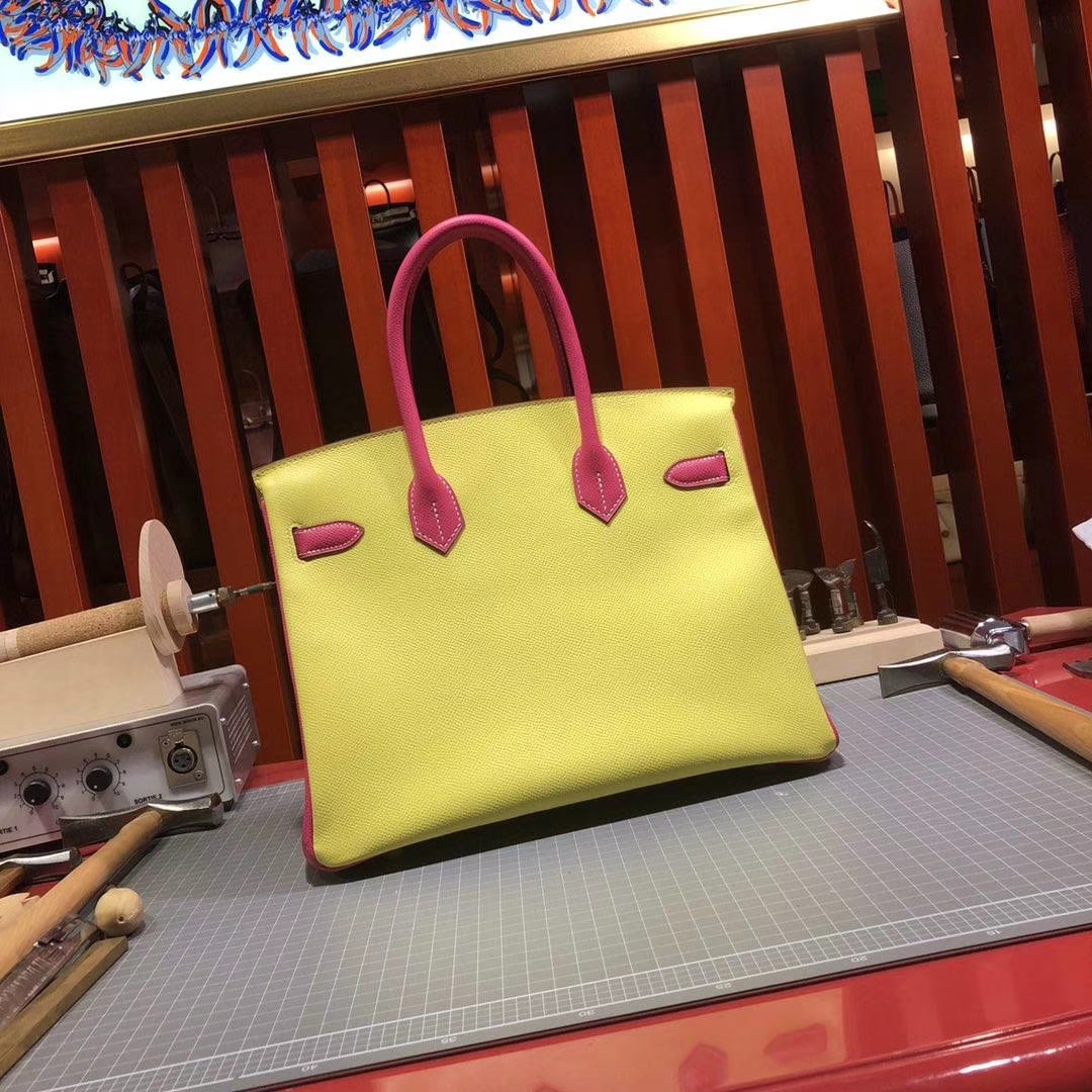 爱马仕拼色铂金包 Hermes Birkin30cm 小鸡黄拼玫红Epsom牛皮 金扣