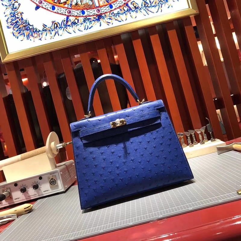 爱马仕凯莉包尺寸 Hermes Kelly25CM 电光蓝南非鸵鸟皮 金扣