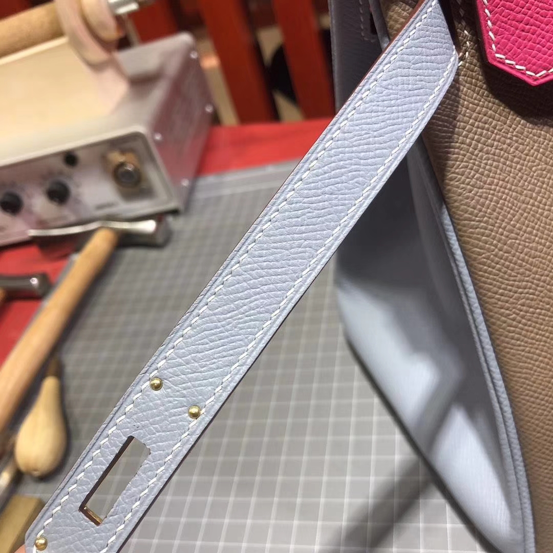 爱马仕铂金包价格 Hermes大象灰拼亚麻蓝拼玫红Epsom牛皮Birkin30CM 金扣