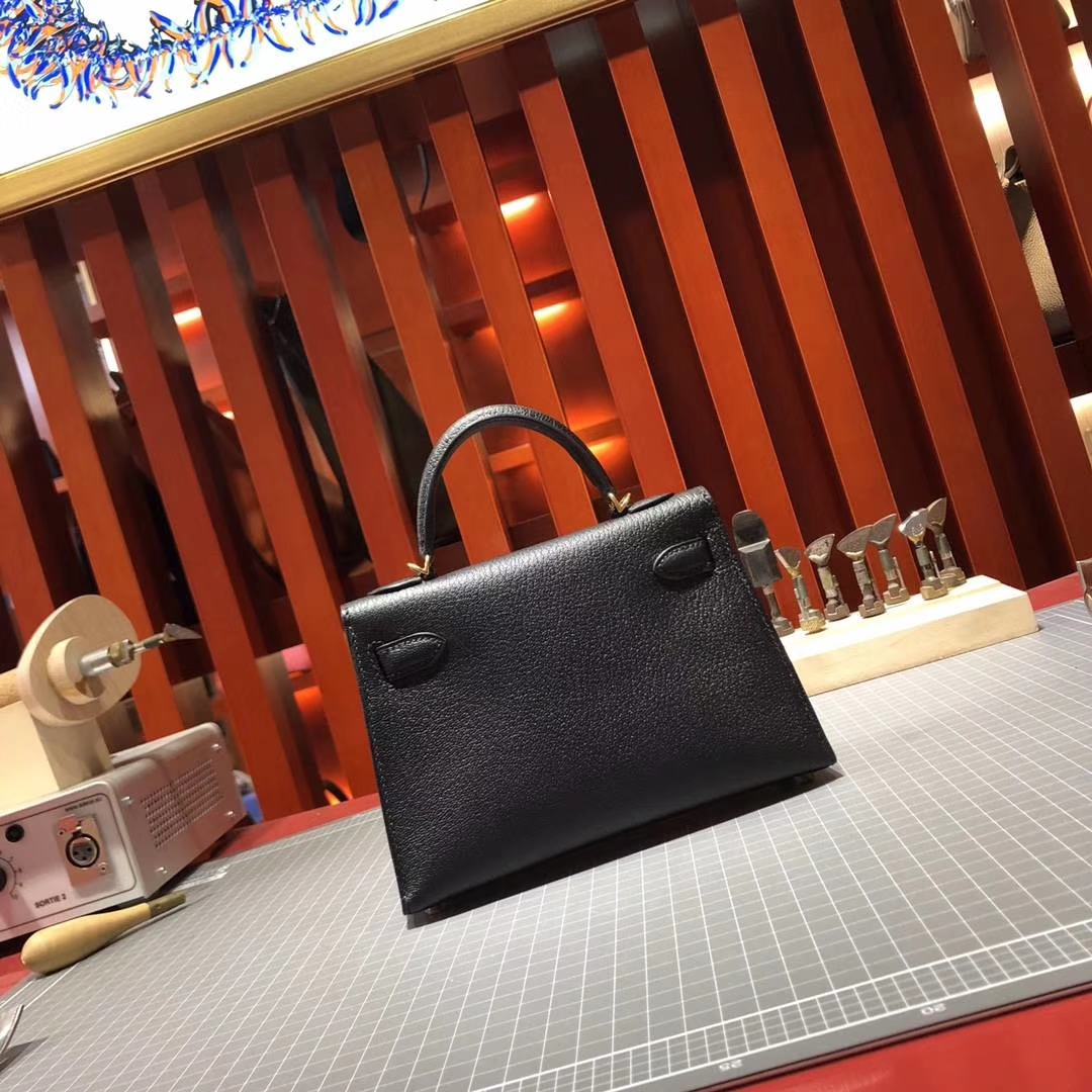 Hermes Minikelly2代 爱马仕89黑色顶级山羊皮迷你凯莉包手包19cm 金扣