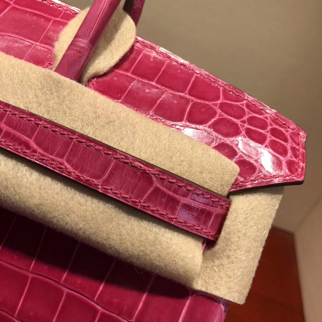 Hermes Birkin25CM 爱马仕5J桃粉色亮面尼罗鳄鱼皮铂金包 金扣