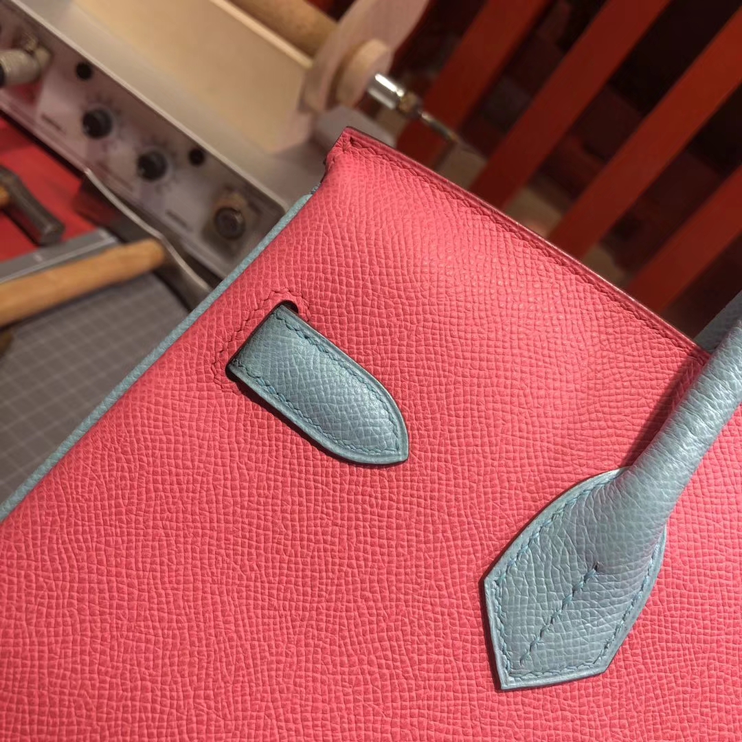 爱马仕拼色铂金包 Hermes奶昔白拼唇膏粉拼马卡龙蓝手掌纹牛皮Birkin30CM 银扣