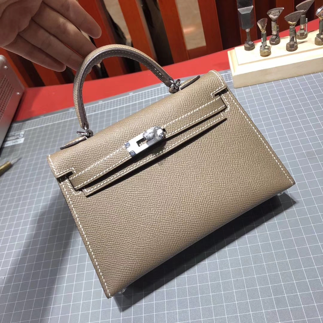 Hermes Minikelly2代 爱马仕C18大象灰顶级Epsom牛皮迷你凯莉包19CM 银扣