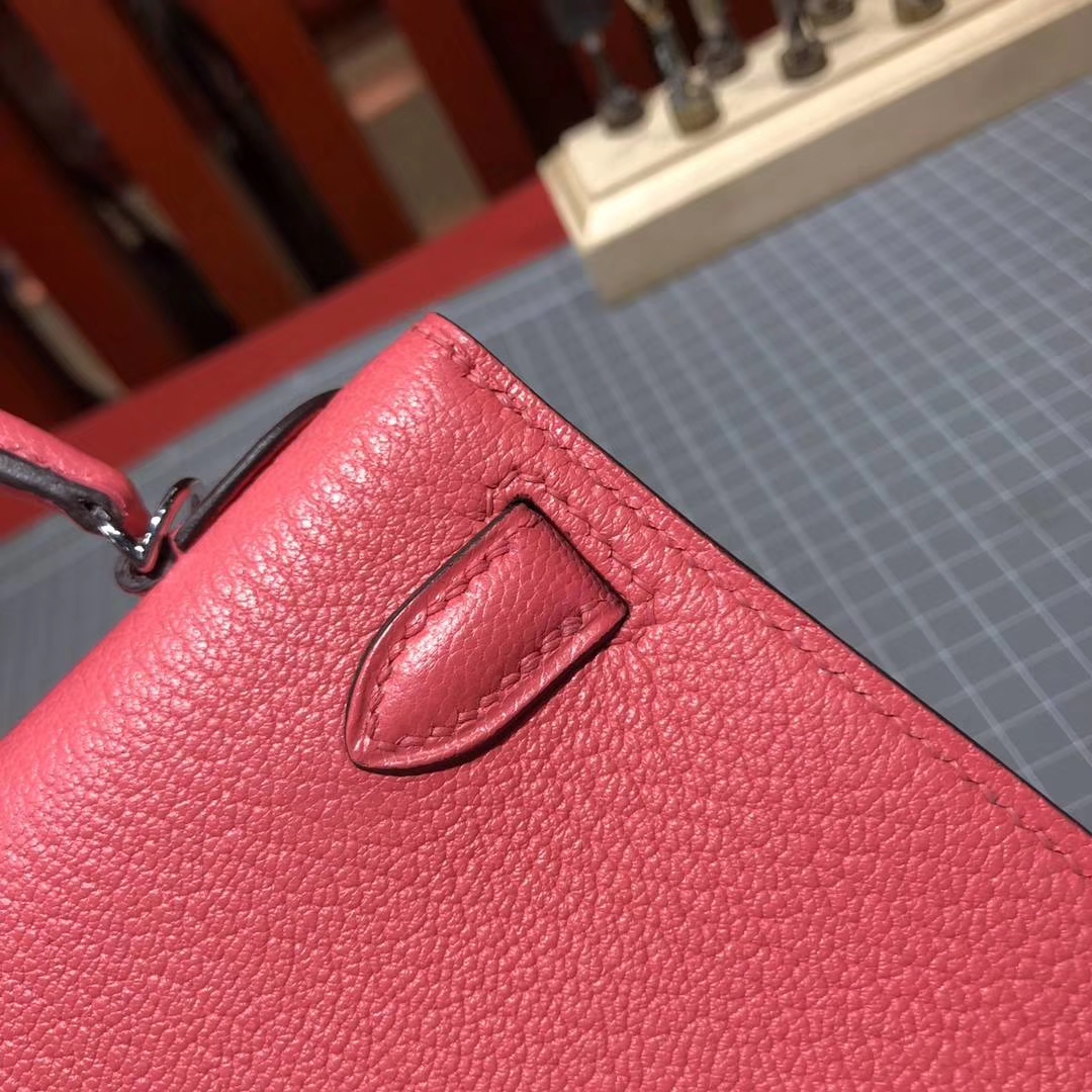 Hermes Minikelly2代 爱马仕8W唇膏粉顶级山羊皮迷你凯莉包2代 银扣