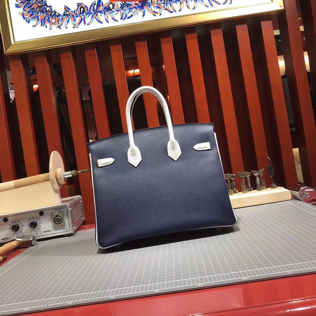 Hermes女包批发 爱马仕宝石蓝拼纯白色手掌纹牛皮铂金包Birkin25CM 银扣