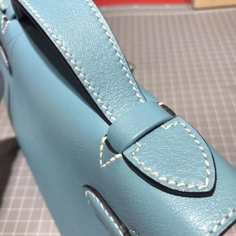 Hermes Minikelly22CM 爱马仕牛仔蓝顶级Swift牛皮迷你凯莉包 银扣