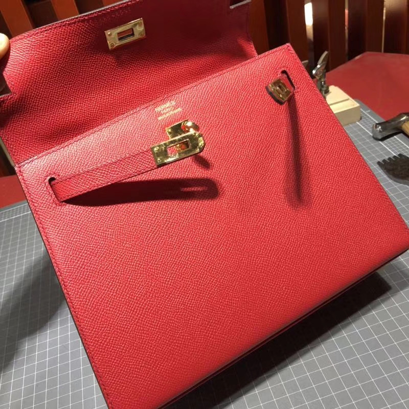 Hermes Kelly25CM 爱马仕大红色原厂Epsom牛皮凯莉包 金扣