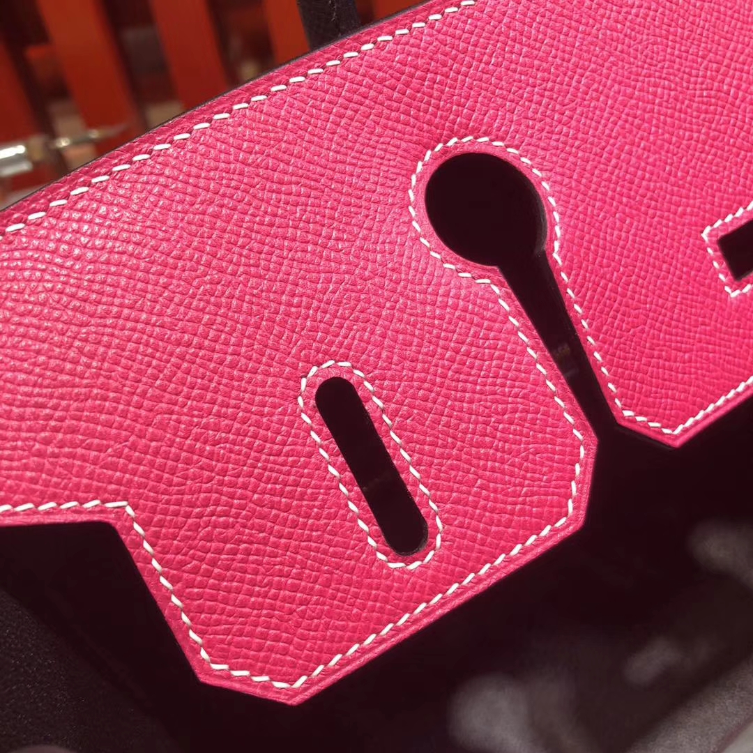 Hermes Birkin30CM 爱马仕拼色铂金包 原厂Epsom牛皮 玫红拼黑色 金扣