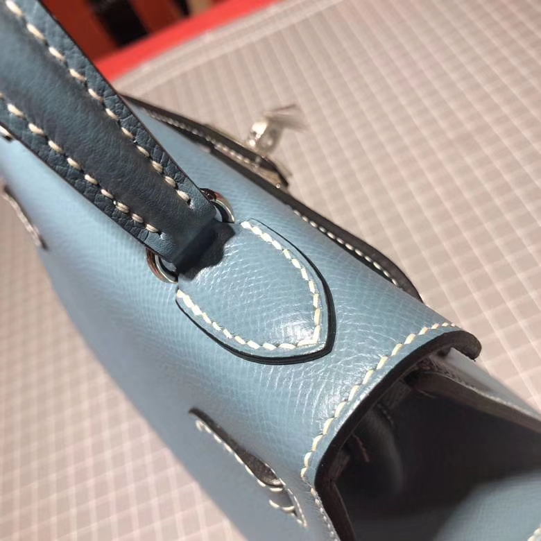 爱马仕凯莉包尺寸 Hermes Kelly20CM CC75牛仔蓝 epsom皮 银扣