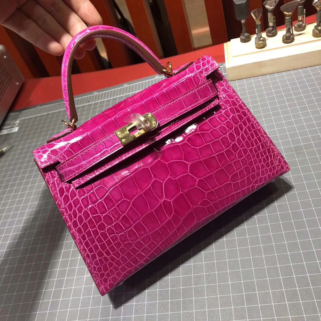 Hermes Minikelly2代 爱马仕J5天方夜谭粉紫亮光鳄鱼皮迷你凯莉包2代手包