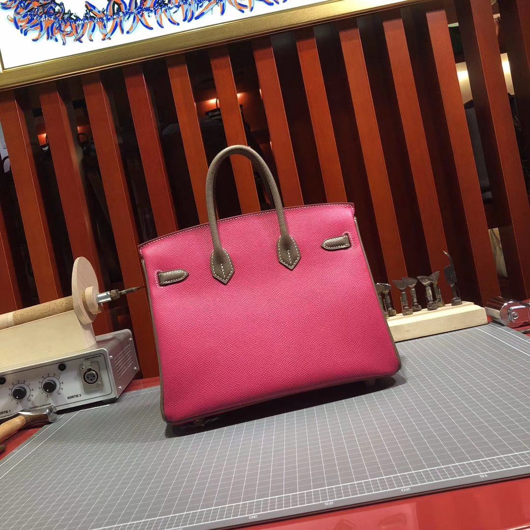 爱马仕拼色铂金包 Hermes Birkin25CM 玫红拼大象灰Epsom牛皮 金扣