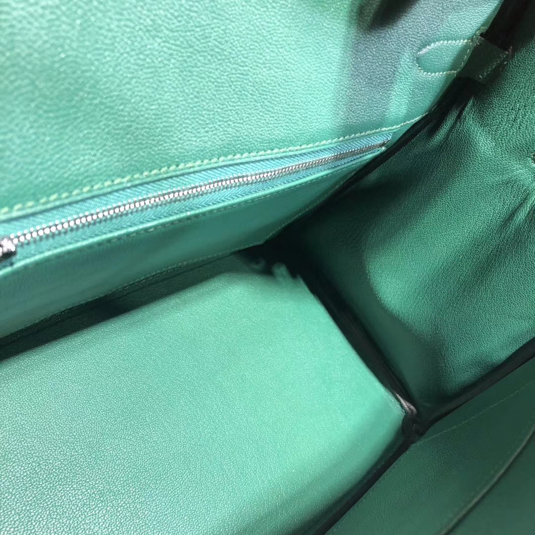 爱马仕铂金包价格 Hermes Birkin30CM 电光蓝拼孔雀绿原厂手掌纹牛皮 银扣