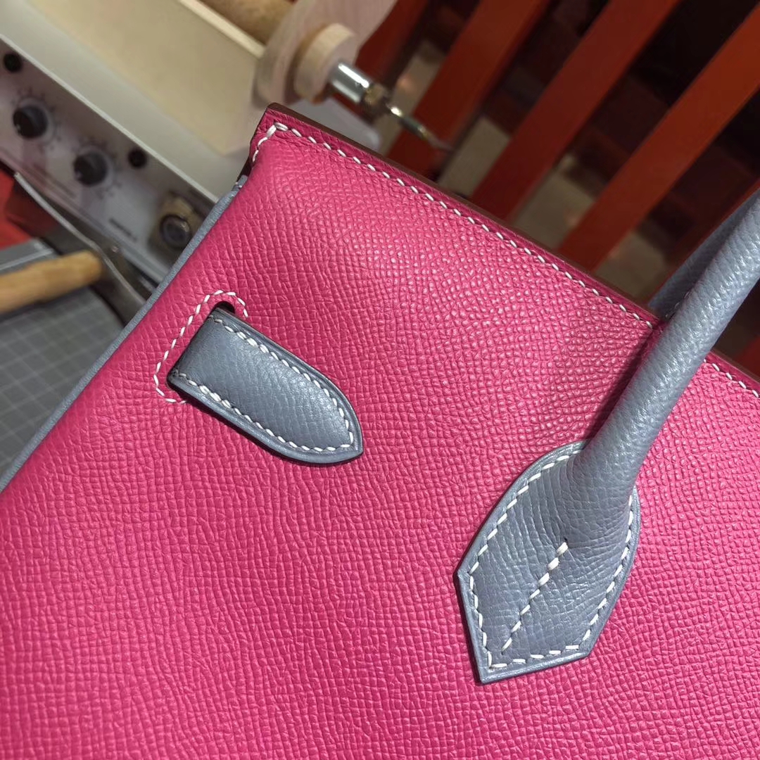 爱马仕铂金包价格 Hermes大象灰拼亚麻蓝拼玫红Epsom牛皮Birkin30CM 金扣