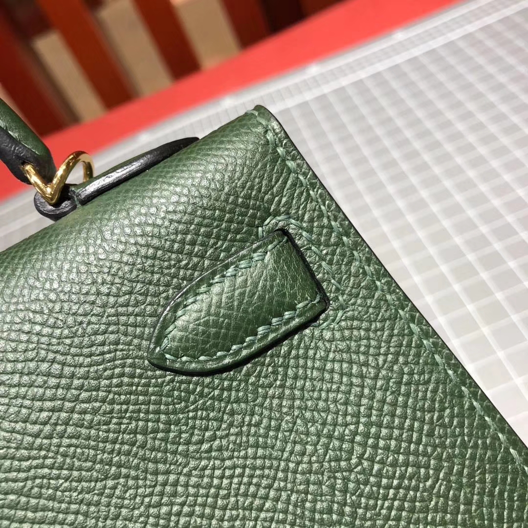 爱马仕迷你凯莉包2代 Hermes Minikelly 2Q英国绿原厂Epsom牛皮手包 金扣