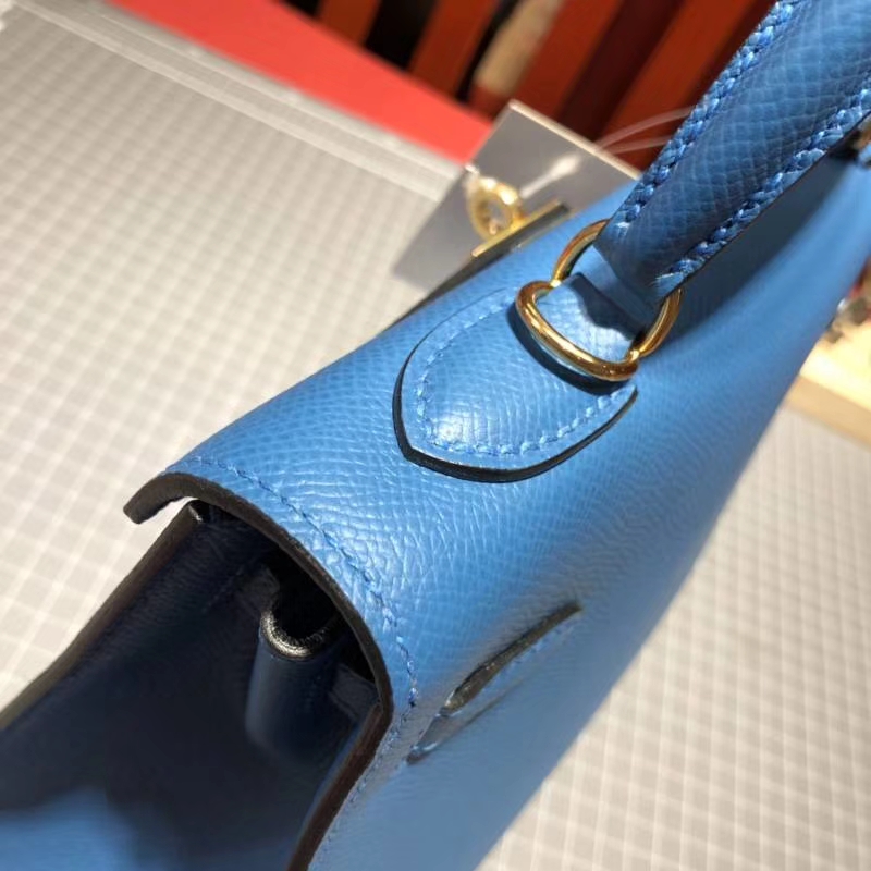 爱马仕Kelly女包 Hermes希腊蓝原厂Epsom牛皮凯莉包Kelly25CM 金扣