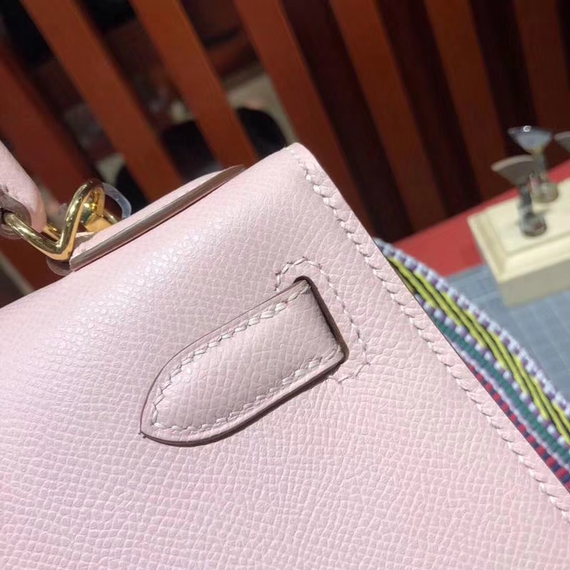 Hermes Kelly28CM 爱马仕3Q粉色原厂Epsom牛皮新款织带凯莉包 金扣