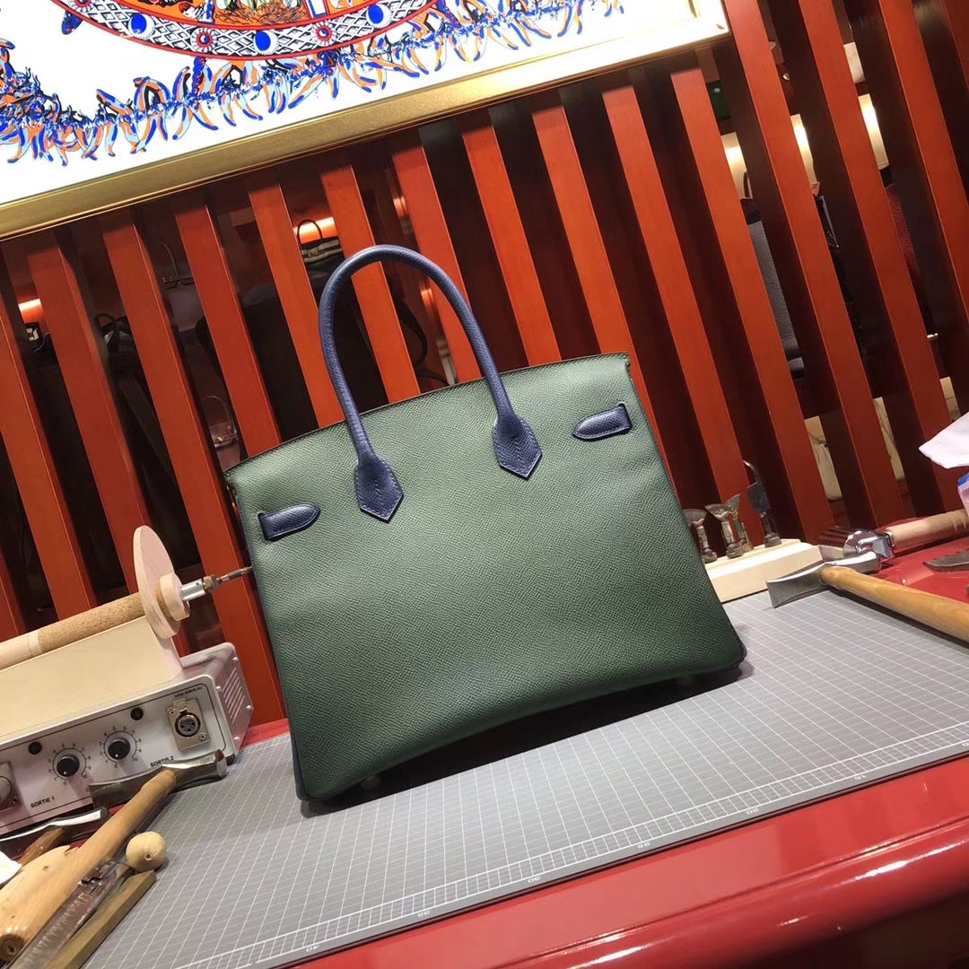 Hermes Birkin30CM 爱马仕英国绿拼宝石蓝十字纹牛皮铂金包 金扣