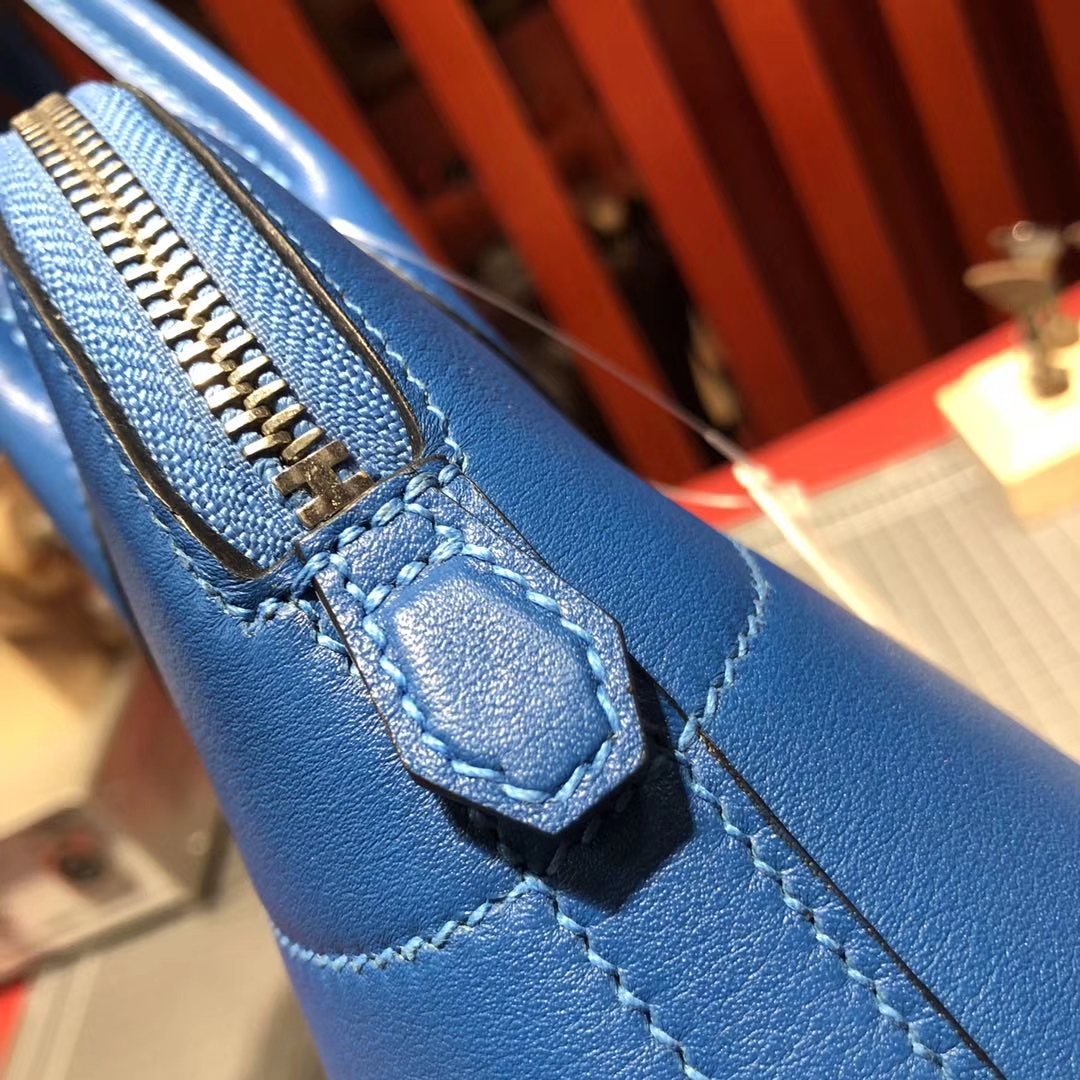 爱马仕保龄球包 Hermes Bolide27CM T7水妖蓝原厂Swift牛皮 银扣