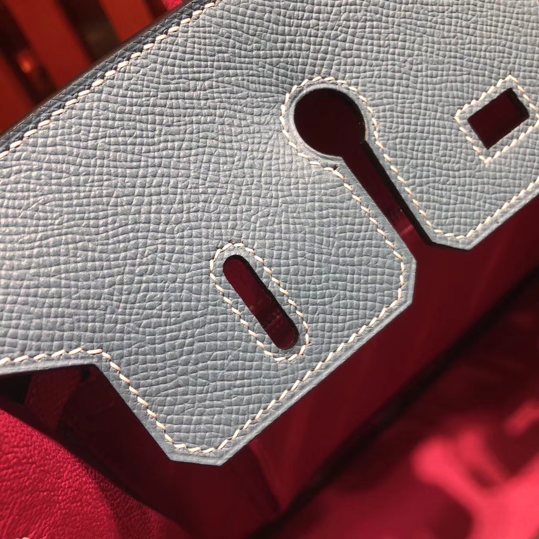 爱马仕拼色铂金包 Hermes牛仔蓝拼玫红十字纹牛皮Birkin25CM 银扣