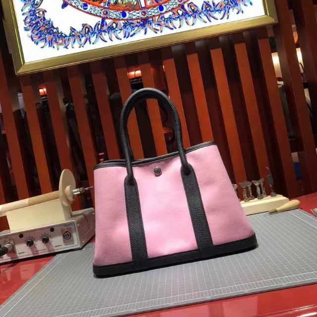 Hermes Garden Party 爱马仕花园包30CM 黑色Togo牛皮拼粉色帆布