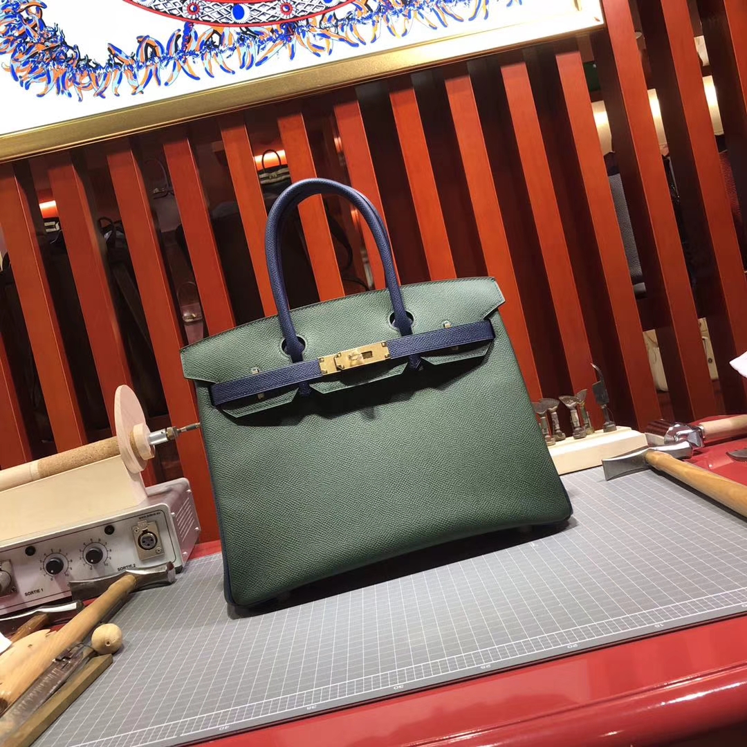 Hermes Birkin30CM 爱马仕英国绿拼宝石蓝十字纹牛皮铂金包 金扣