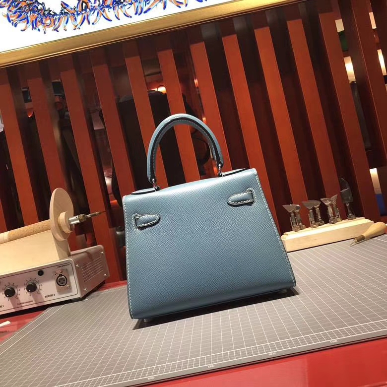 爱马仕凯莉包尺寸 Hermes Kelly20CM CC75牛仔蓝 epsom皮 银扣