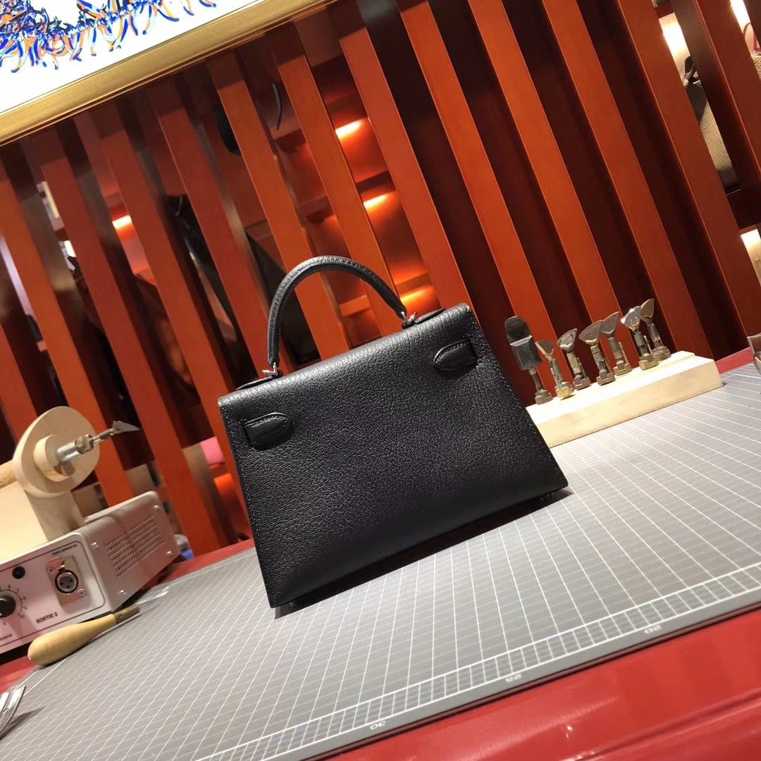 爱马仕Minikelly手包 Hermes89黑色原厂山羊皮迷你凯莉包2代 银扣