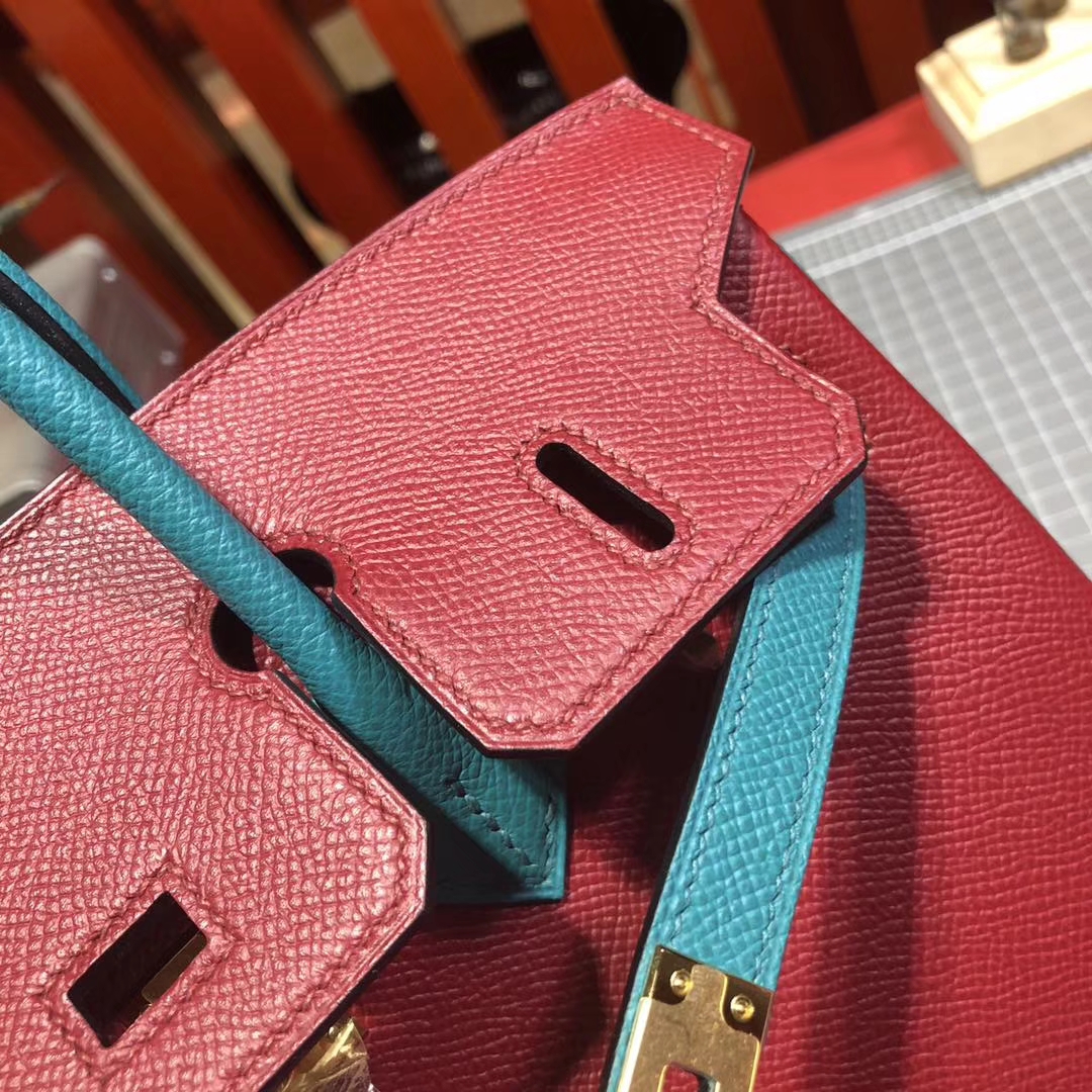 爱马仕铂金包尺寸 Hermes Birkin25CM 中国红拼孔雀蓝十字纹牛皮 金扣