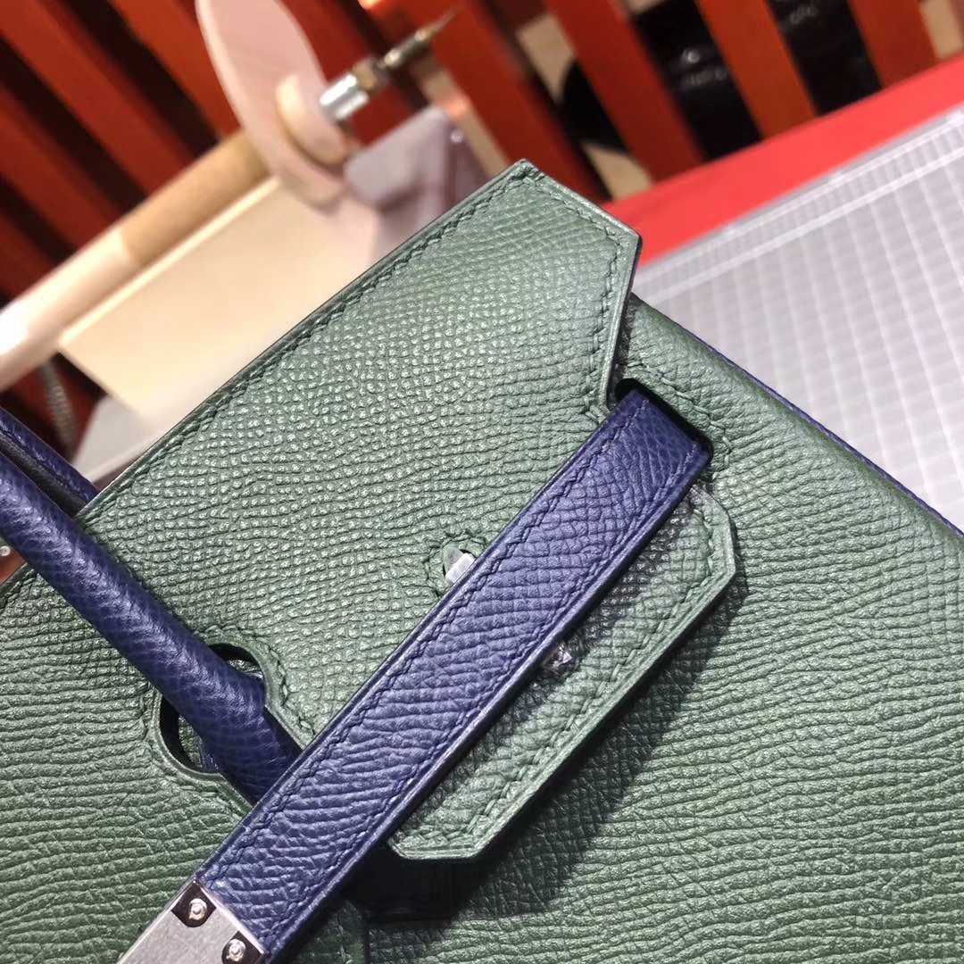 爱马仕拼色铂金包 Hermes Birkin25CM 英国绿拼宝石蓝十字纹牛皮 银扣