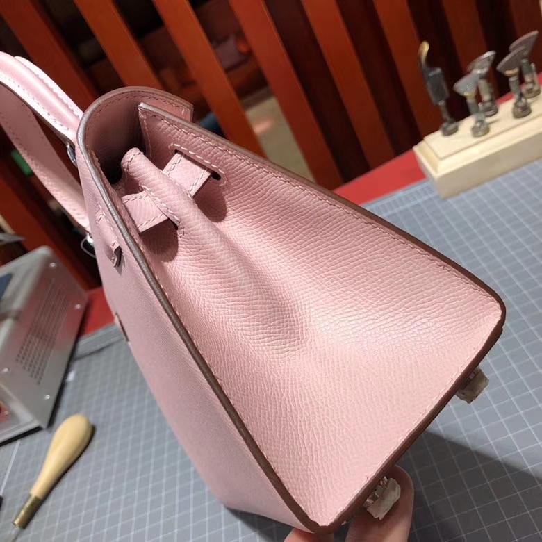 爱马仕凯莉包 Hermes Kelly20CM 3Q芭比粉Epsom牛皮手提包 银扣