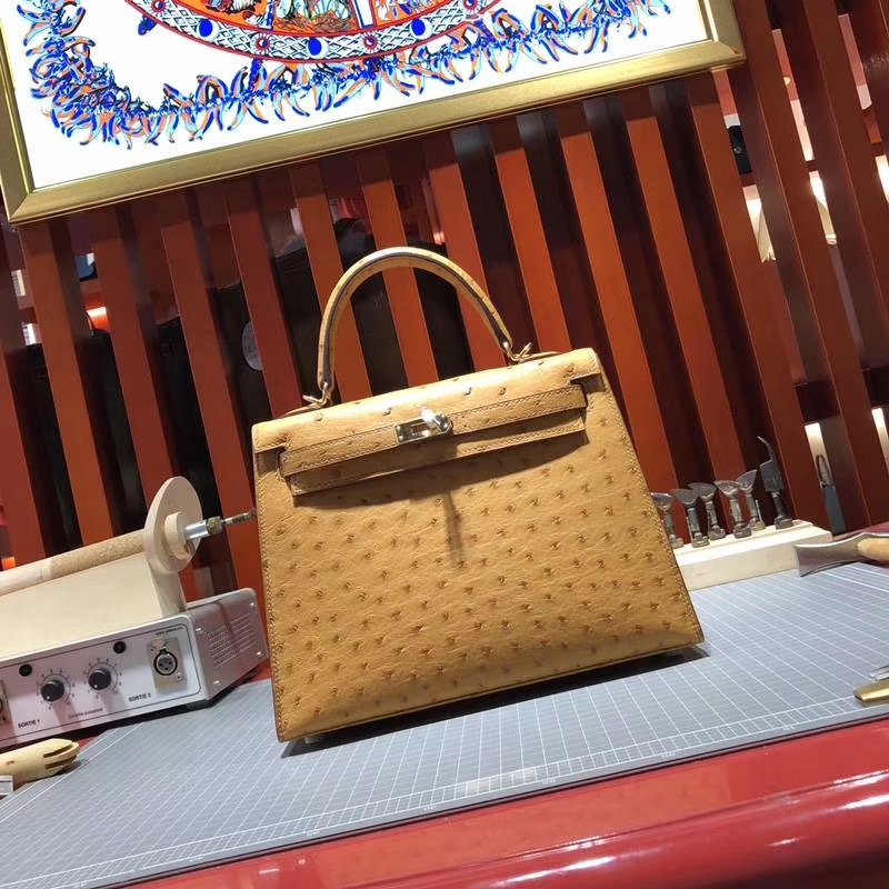 Hermes包包官网 爱马仕稻草黄南非鸵鸟皮手工缝制凯莉包Kelly25CM 金扣