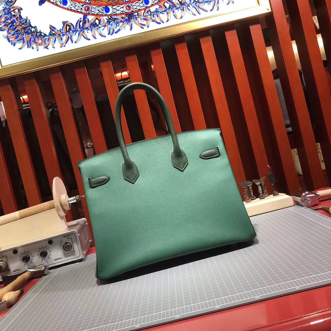 爱马仕铂金包价格 Hermes Birkin30CM 孔雀绿拼英国绿 银扣