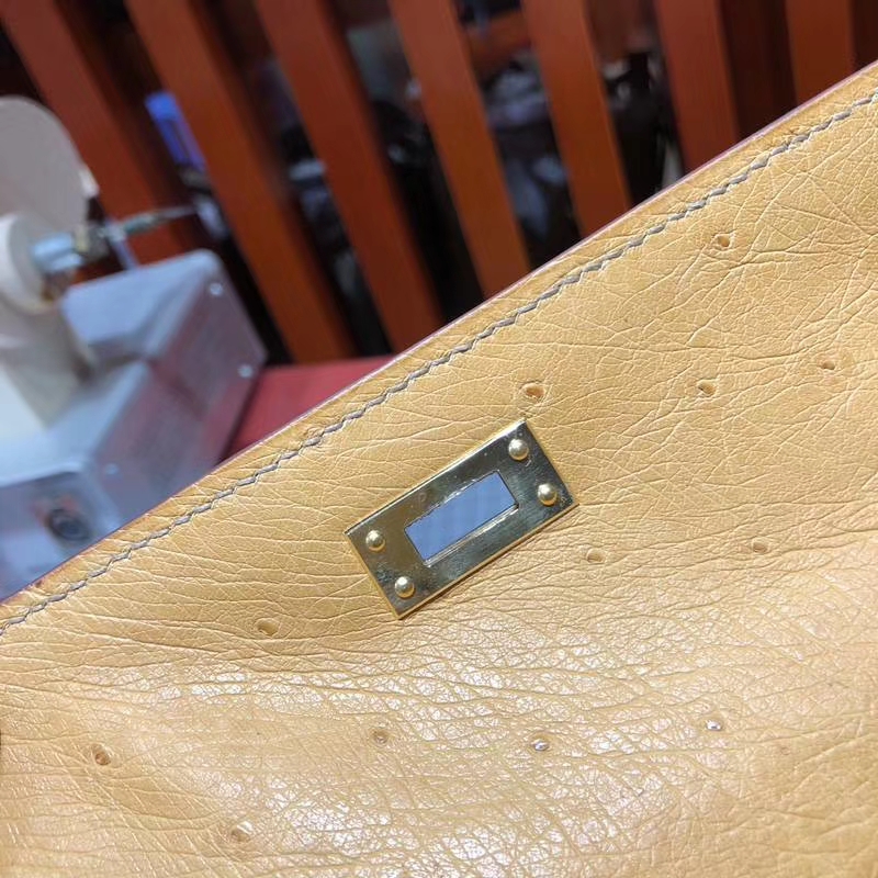 Hermes包包官网 爱马仕稻草黄南非鸵鸟皮手工缝制凯莉包Kelly25CM 金扣