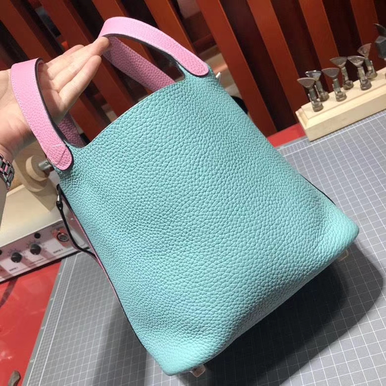 爱马仕拼色水桶包 Hermes Picotin Lock18cm 马卡龙蓝拼樱花粉Clemence牛皮 银扣