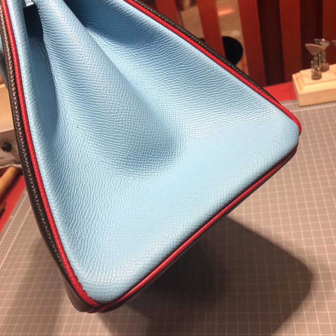 爱马仕Birkin包包 Hermes黑色拼糖果蓝十字纹牛皮铂金包30CM 金扣
