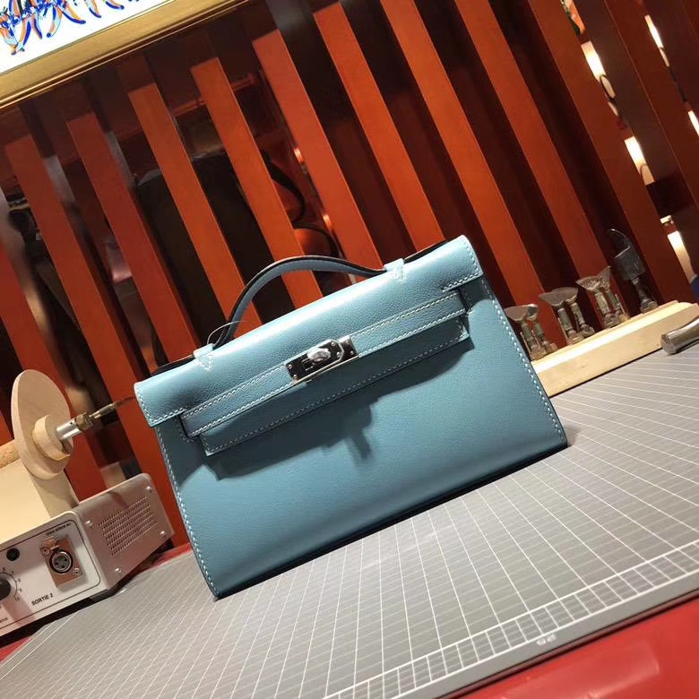 Hermes Minikelly22CM 爱马仕牛仔蓝顶级Swift牛皮迷你凯莉包 银扣