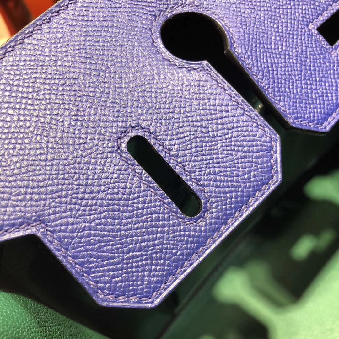 爱马仕铂金包价格 Hermes Birkin30CM 电光蓝拼孔雀绿原厂手掌纹牛皮 银扣