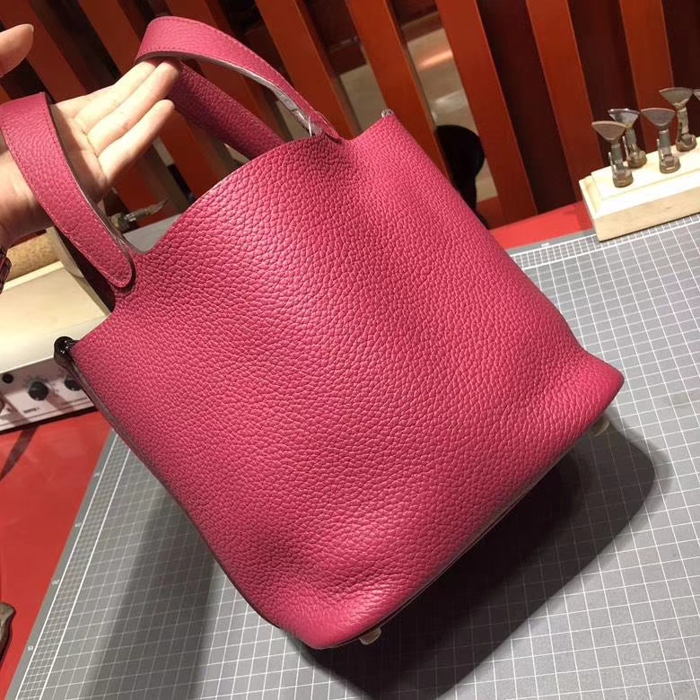 Hermes Picotin Lock18CM 爱马仕玫紫色进口Clemence牛皮水桶包 银扣