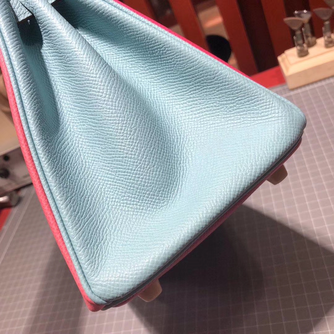 爱马仕铂金包尺寸 Hermes玫红拼唇膏粉拼马卡龙蓝原厂Epsom牛皮Birkin25CM 金扣