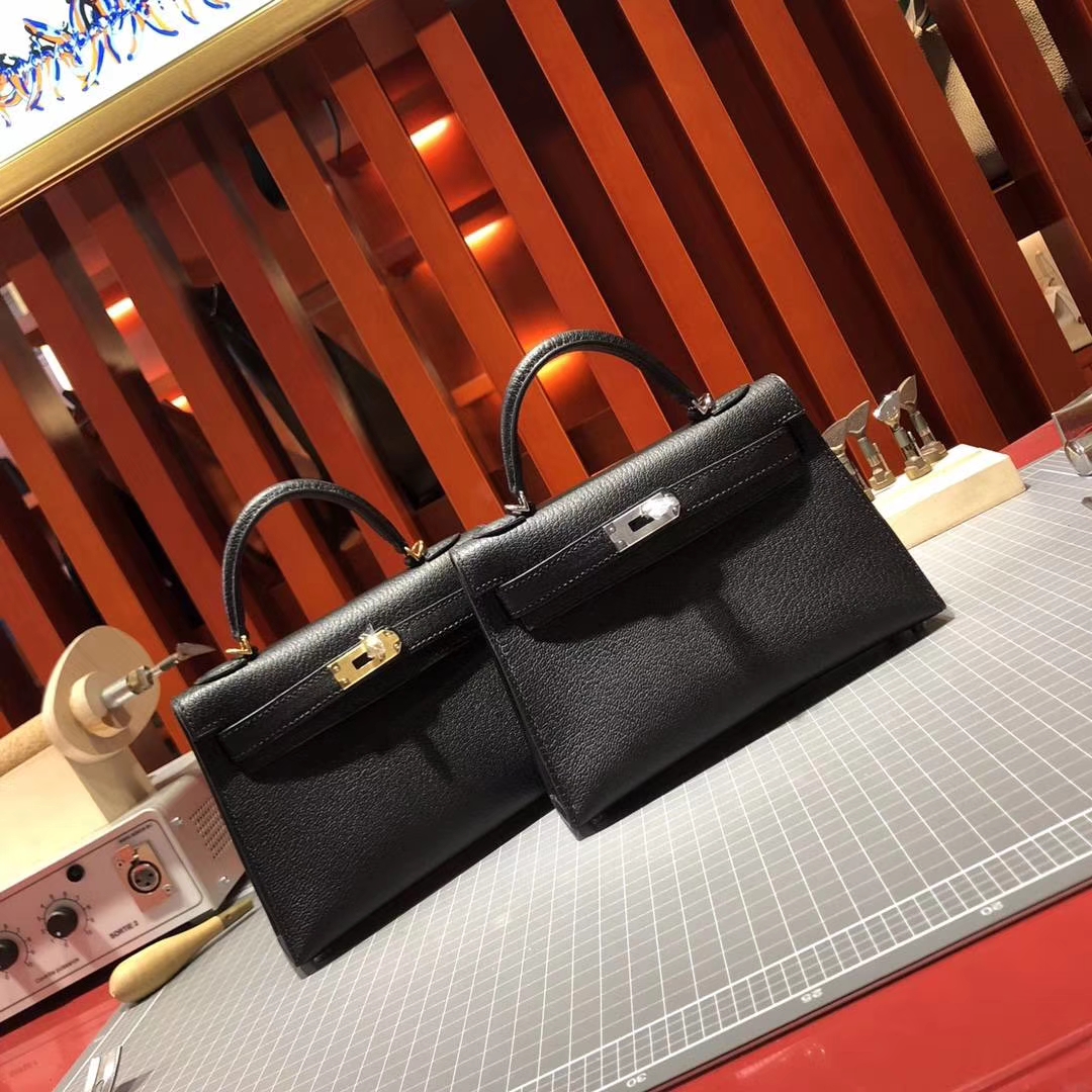 Hermes Minikelly2代 爱马仕89黑色顶级山羊皮迷你凯莉包手包19cm 金扣