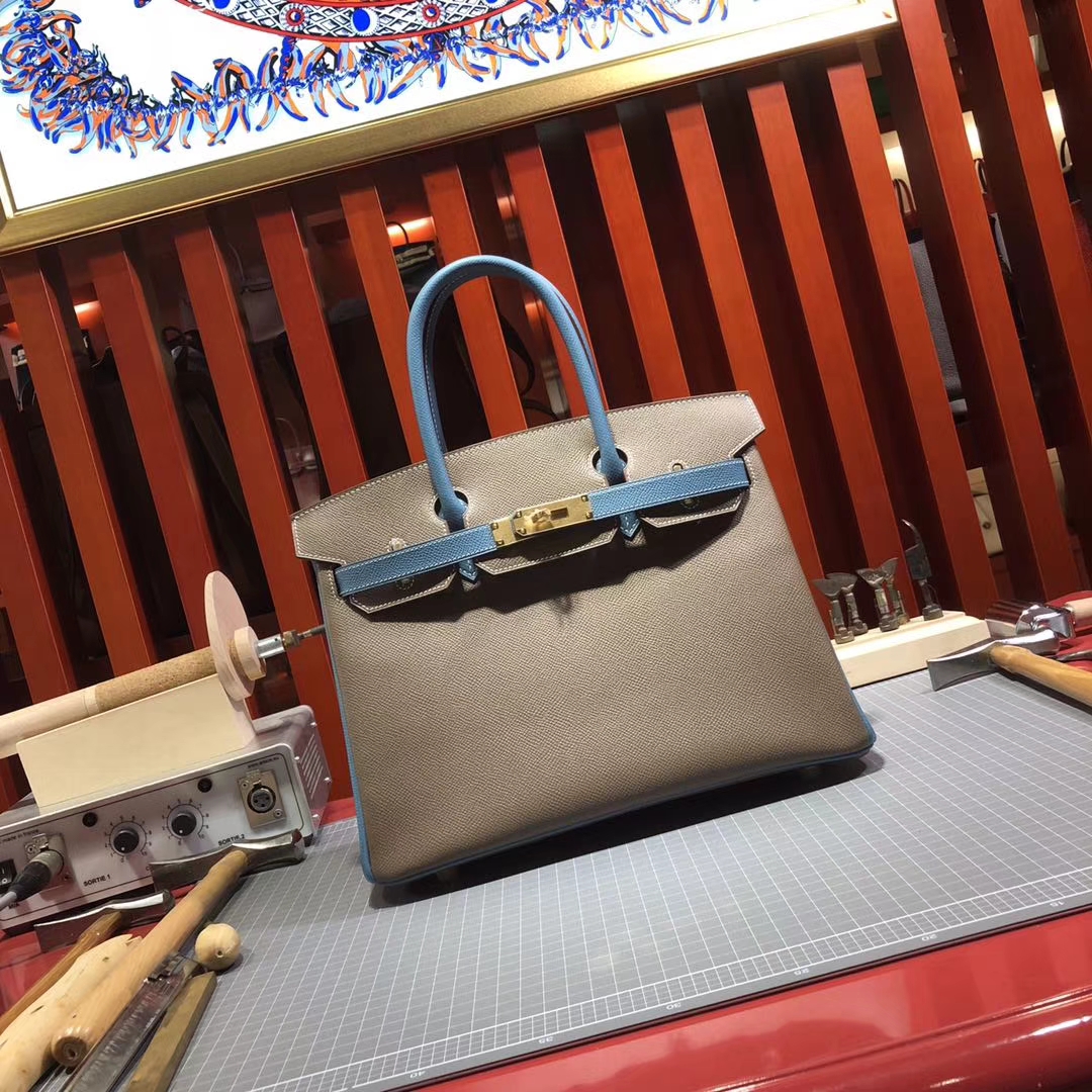 Hermes Birkin30CM 爱马仕大象灰拼牛仔蓝原厂手掌纹牛皮铂金包 金扣