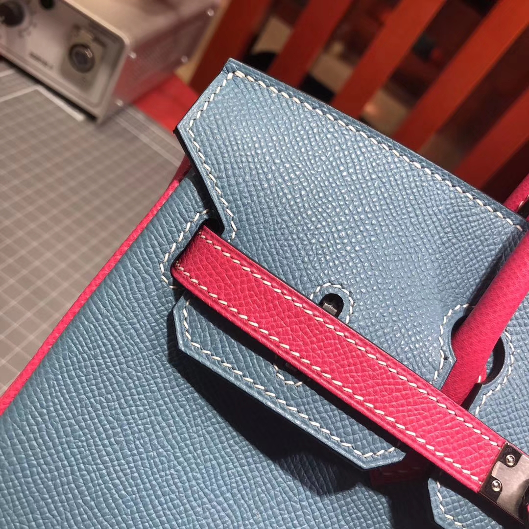 爱马仕拼色铂金包 Hermes牛仔蓝拼玫红十字纹牛皮Birkin25CM 银扣